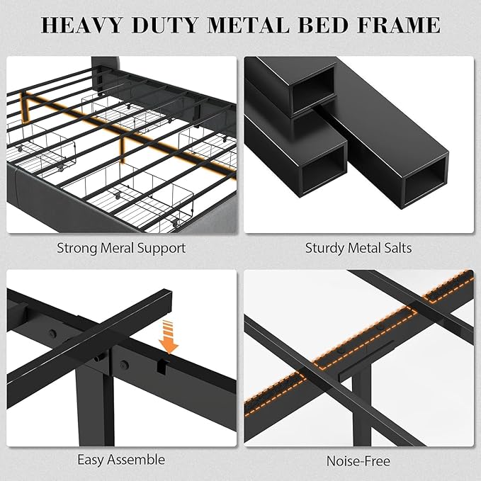 Queen Bed Frame with 4 Storage Drawers, Upholstered Headboard, LED Lights