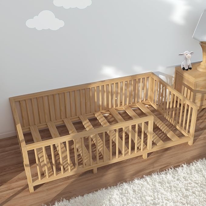 Montessori Floor Bed with Slats for Toddler 60'' x 80'' Queen Size | Pine Wood Natural Solid Frame Bed | Sturdy Design Floor Bed Frame for Boy and Girls (Queen, Height : 23.6 Inches)