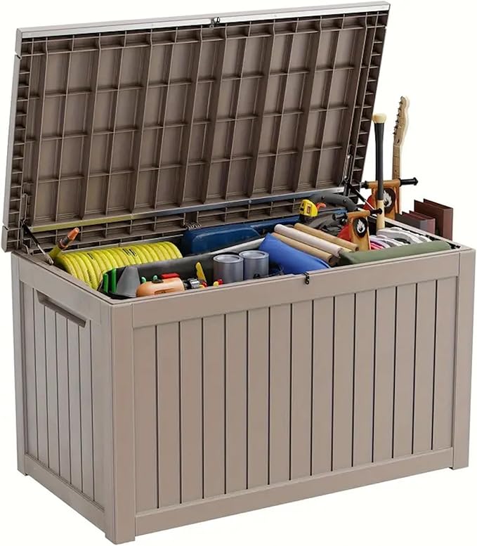 230 Gallon Waterproof Outdoor Storage Box, UV Resistant Resin Deck Box with Hydraulic Rod for Reinforced Stability, Perfect for Patio, Garden, and Pool, Grey