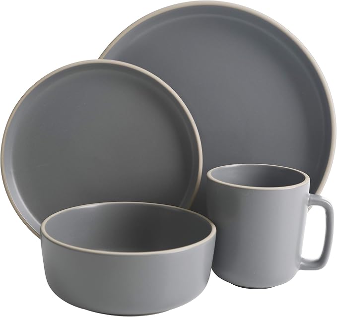 Gibson Home Zuma 16 Piece Round Kitchen Dinnerware Set, Dishes, Plates, Bowls, Mugs, Service for 4, Matte Stoneware, Grey, Gray