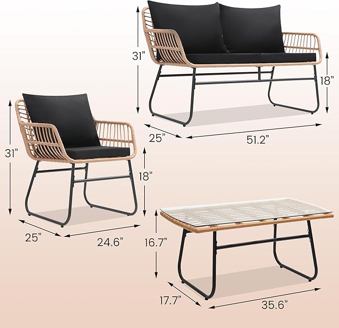 Kromax 4 Piece Patio Bistro Outdoor Furniture Set, Wicker Sofa, 2 Rattan Chairs, and Table, Backyard Conversation Set, All Weather Cushions, Natural Rattan Black Cushion