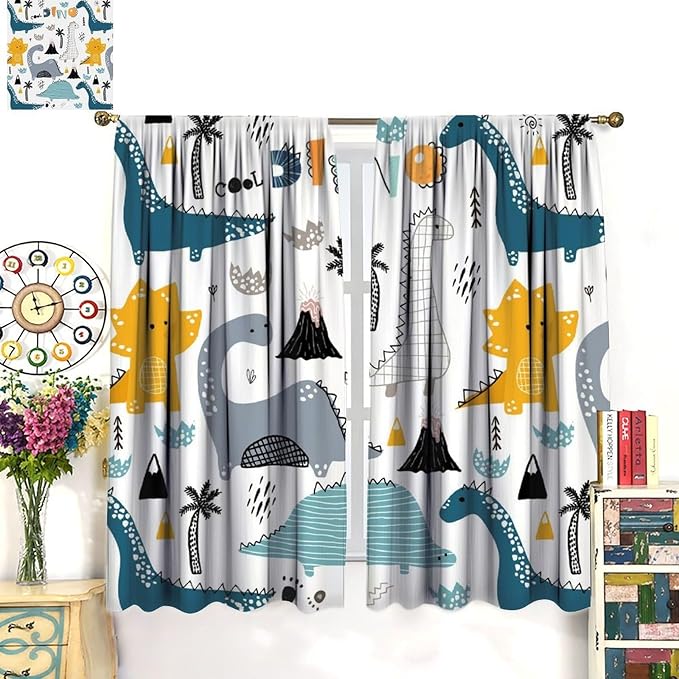 Dinosaur Curtains, Cartoon Dino Cute Safari Animal Print Pattern Blackout Window Treatments, Rod Pocket Thermal Insulated Drapes 2 Panel Sets for Kids Boys Bedroom Nursery Classroom, 84" W X 84" L