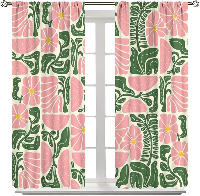 70s Flowers Curtains,Retro Geometric Boho Vintage Botanical Green Pink Flower Curtain for Bedroom Living Room Bathroom Window Curtains,70s Mid Century Flowers Window Treatments 42" W X 54" L