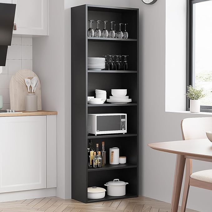 6-Tier Book Shelf, Floor Standing Open Bookcase, Wooden Display Storage Shelves with Anti-Tipping Device, 71" Tall Bookshelf for Bedroom, Living Room and Office, Black