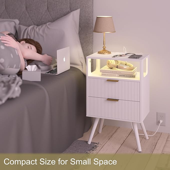 White Nightstand with Charging Station and LED Lights,Modern Bedside Table with 2 Storage Drawer and Open Wood Shelf, for Bedroom and Small Spaces,Night Stand with Solid Wood Legs,White