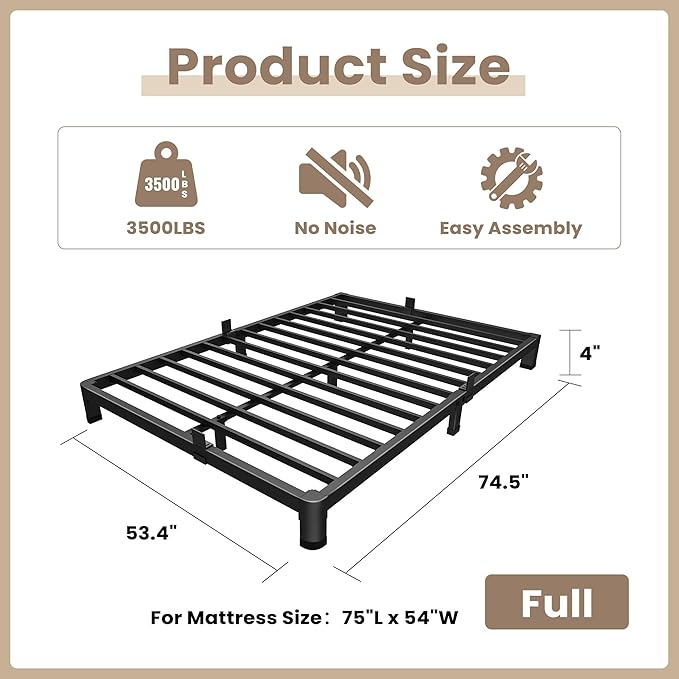 ROIL 4 inch Full Size Bed Frame with Round Corner Legs Mattress Retainers 3500LBS Heavy Duty Steel Slats No Box Spring Needed Platform Noise-Free Easy Assembly