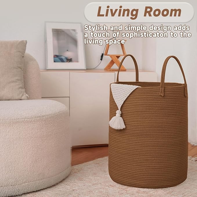 Large Woven Laundry Basket Hamper,80L Cotton Rope Storage Bin for Blankets,Toys and Clothes,Decorative Tall Nursery Hamper for Living Room,Baby Nursery,Bathroom and Bedroom,Golden Jute