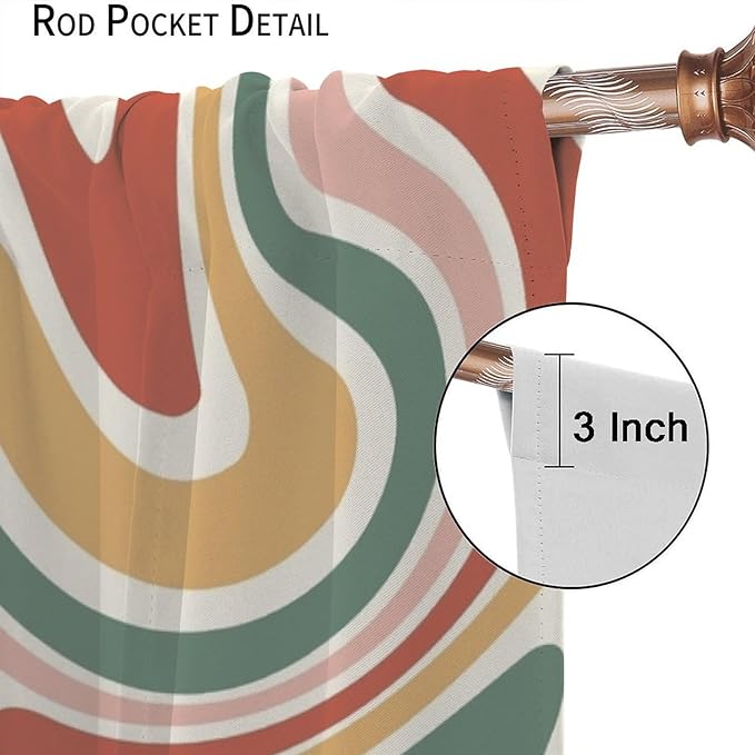 70S Abstract Wavy Swirl Curtain for Bedroom Windows,Retro Boho Minimal Teen Girls Kids Living Room Restroom Window Treatments Drapes 63"" W X 72"" L, Style-4