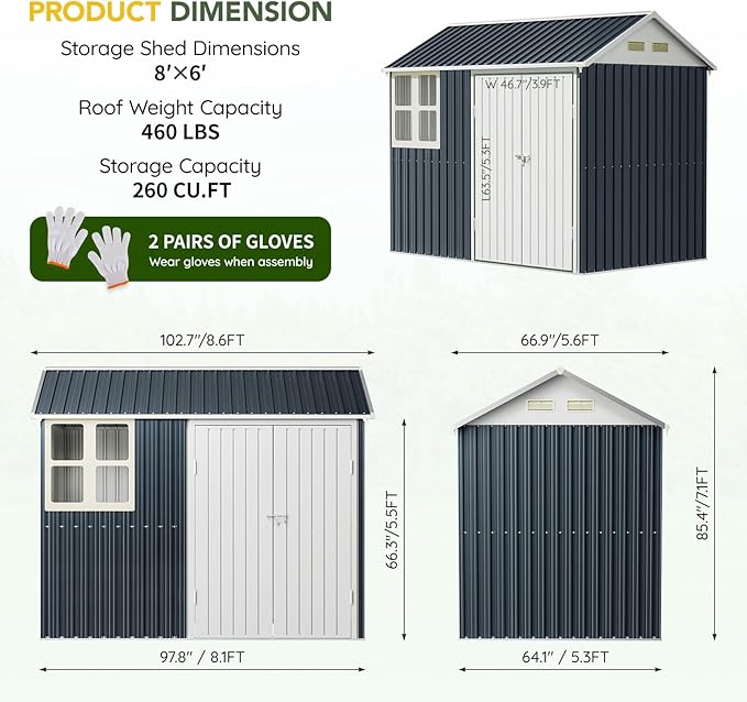 Breezz 6X8FT Outdoor Steel Storage Shed with Clear Window, Lockable Doors, Weather-Resistant Metal Tool Shed for Garden, Backyard, Patio, and Utility Storage.Nightblue