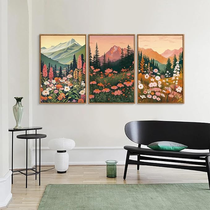 Tinonedraw Mountain Wildflower Framed Canvas Wall Art Set, Boho Mountains Landscape Wall Decor, Modern Floral Forest Scenery Artwork, Neutral Nature Art Prints for Living Room Bedroom Office 24"x36"x3