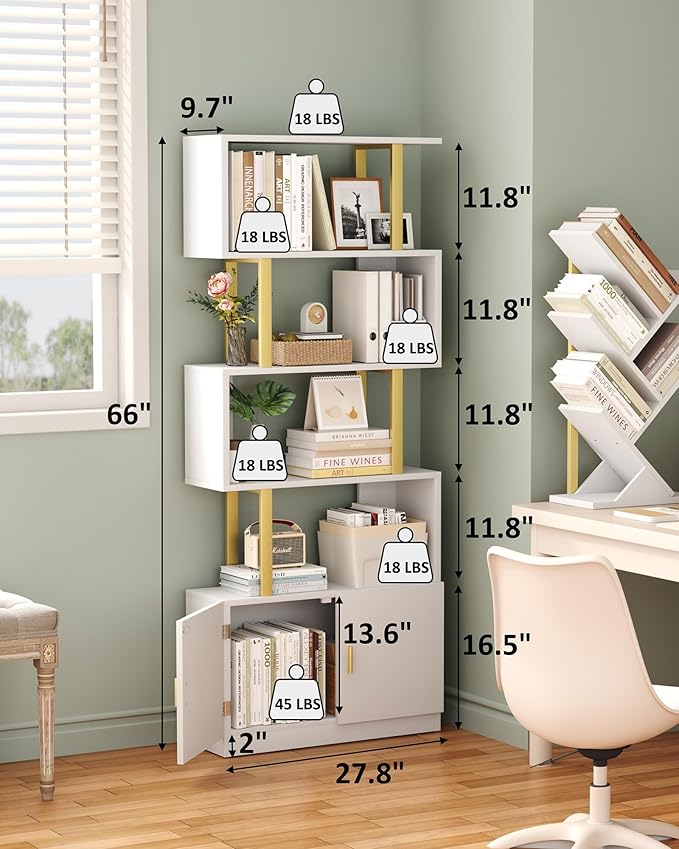 Yusong Geometric Bookcase with Cabinet, S Shaped Bookshelf 5-Tier Book Shelves for Bedroom, Modern Wood Decorative Display Shelf Tall Book Case for Home Office, Gold and White