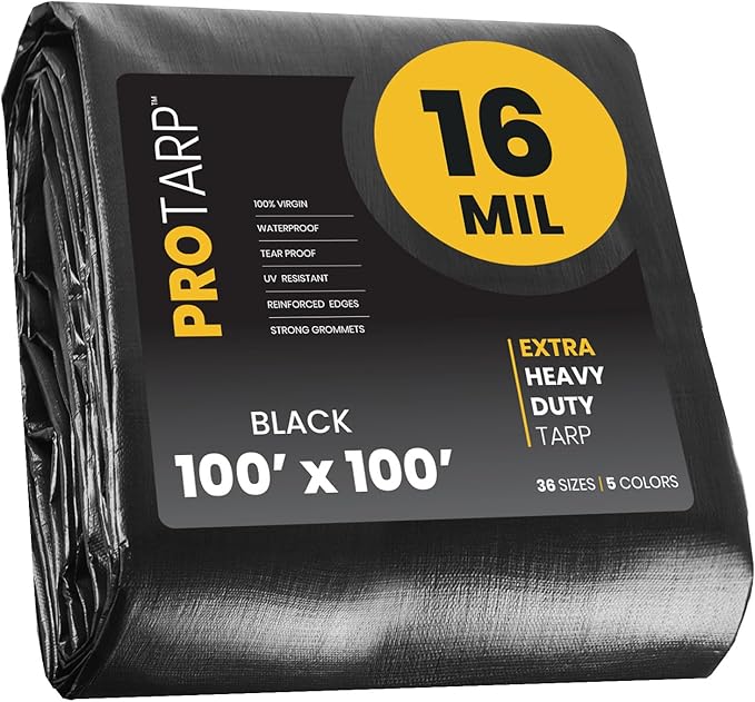 PROTARP Extra Heavy Duty 16 Mil Tarp Cover, Waterproof, UV Resistant, Rip and Tear Proof, Poly Tarpaulin with Reinforced Edges for Roof, Camping, Patio, Pool, Boat. (Black 100′ X 100′)