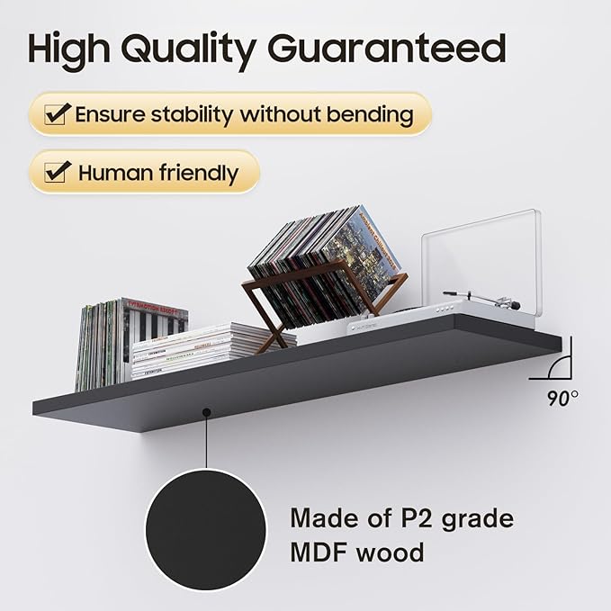 Floating Shelf, Set of 2 Wall Shelf, 24 in W x 12.75 in D x 2 in H Wooden Floating Wall Shelf with Invisible Brackets for Living Room/Bedroom/Bathroom/Kitchen Storage and Decor, Black