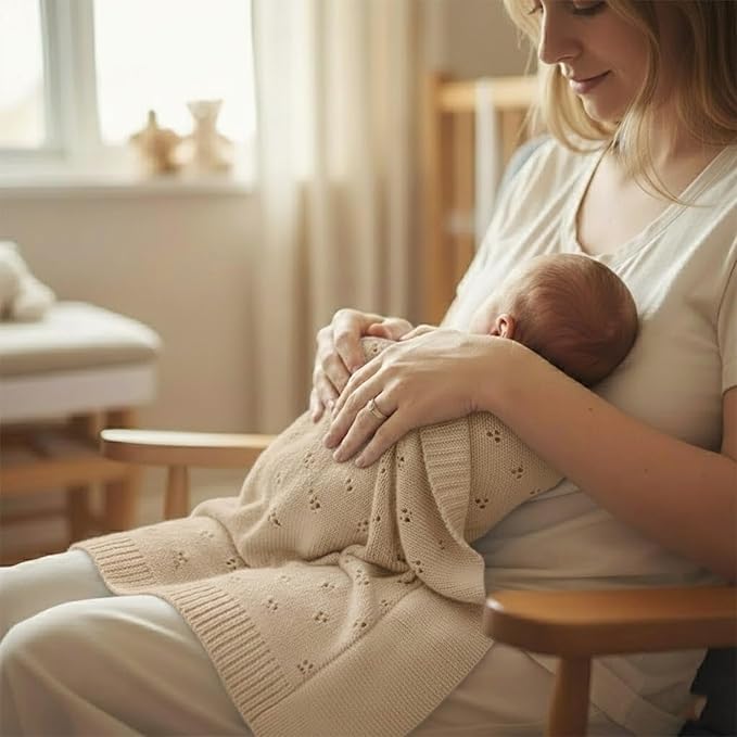 Baby Knit Blanket, 100% Cotton Eyelet Patterns, Soft, Cozy, Lightweight Swaddle for Newborn & Infant Swaddling Beige Neutral, Perfect Baby Shower Ideas Beige 28x36