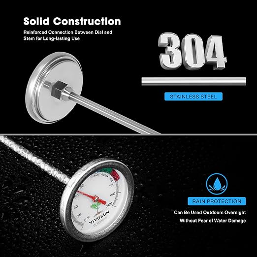 VIVOSUN Compost Thermometer, 20 Inch Backyard Soil Thermometer with Stainless Steel Dial for Composting Bins, Outdoor Gardening and Planting (0-200°F)