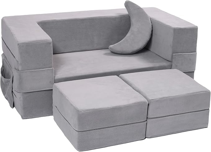 Modular Kids Sofa,Toddler Couch Foam Armchair for Kids, Children Convertible Plush Sofa Play Set,Fold Out SofaBed(Grey)