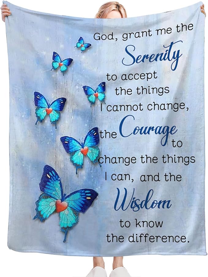 Tijuboni Christian Serenity Prayer Throw Blanket Blue Butterfly Gifts for Women Men Girls Boys Kids Adults Soft Flannel Fleece Blanket for Couch Sofa Bed Home Decor 40"x50"