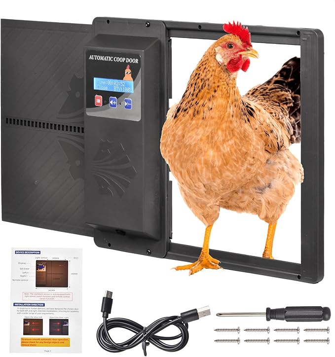Automatic Chicken Coop Door with Timer Programmable,DoublePower Supply(USB Charging/Battery Holder) Chicken Coop Door with LCD Display Anti-Pinch Protection Weatherproof for Poultry,Black
