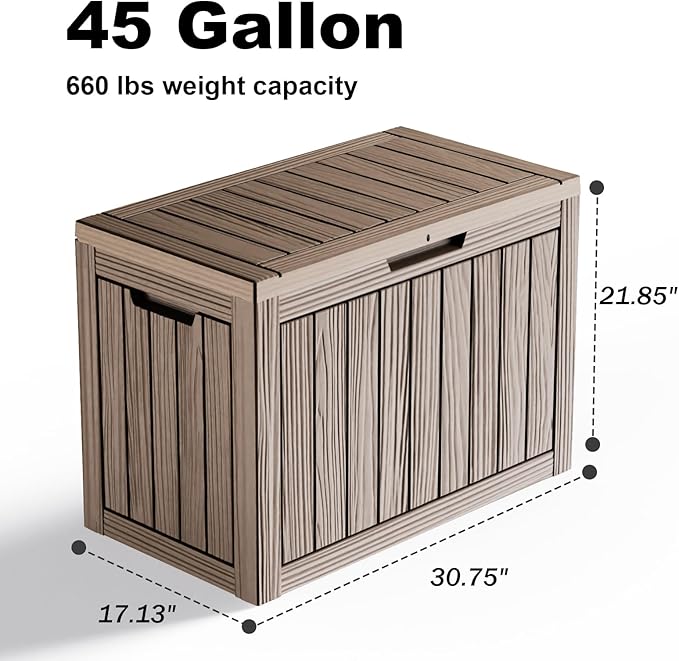 45 GallonOutdoor Storage Box,Resin Deck Boxes Waterproof, IndoorOutdoor Bin for Package Delivery, Patio Cushions, Gardening Tools, Lockable, UV Resistant