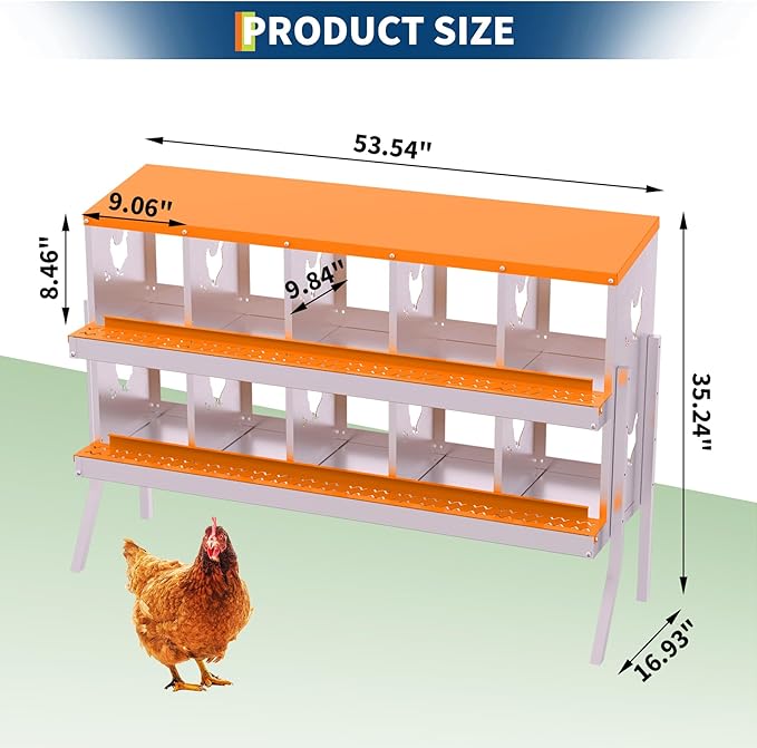 Chicken Nesting Boxes, 10-Hole Roll Away Nest Box for Chicken Coop, Metal Egg Laying Box with Perch & Lid Cover to Protect Eggs, Rollout Egg Collection, Vented Holes- with Legs Orange