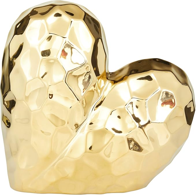 Deco 79 Porcelain Ceramic Heart Decorative Sculpture Dimensional Angled Origami Inspired Home Decor Statue, Accent Figurine 8" x 3" x 8", Gold