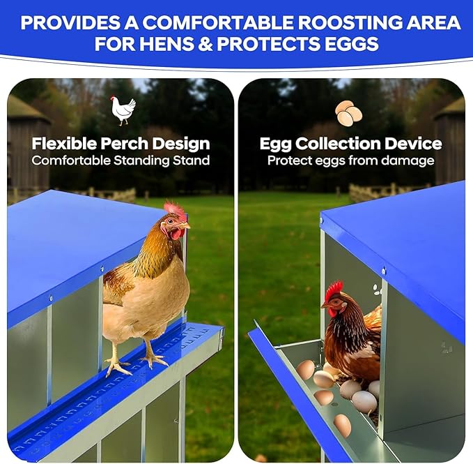 8-Hole Chicken Nesting Box, Rustproof Galvanized Steel, Wall-Mounted Metal Laying Box for Hens, Easy Egg Collection & Cleaning, Roll Away Nest Boxes - Blue