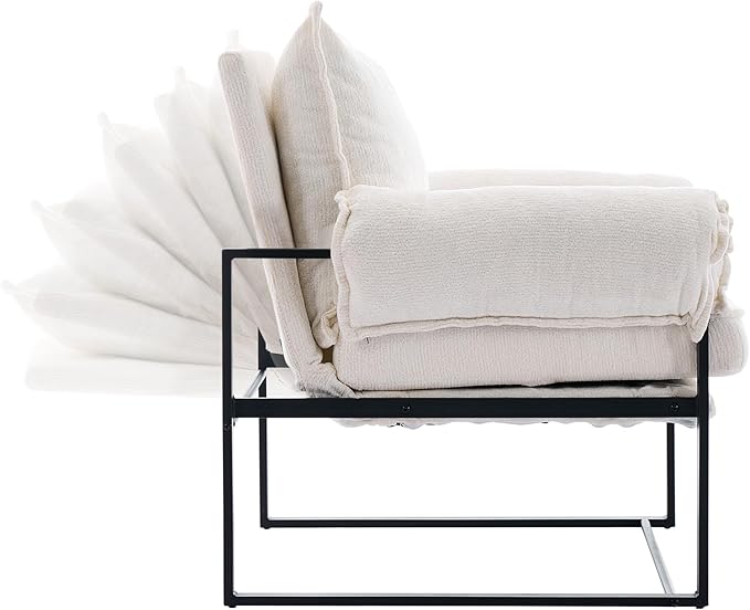 YISHENG Accent Chair with 6-Angle Adjustable Backrest, Chenille Fabric Living Room Chair Upholstered Lounge Chair, Modern Chair Cozy Reclining Chair for Reading Room, 1PC White