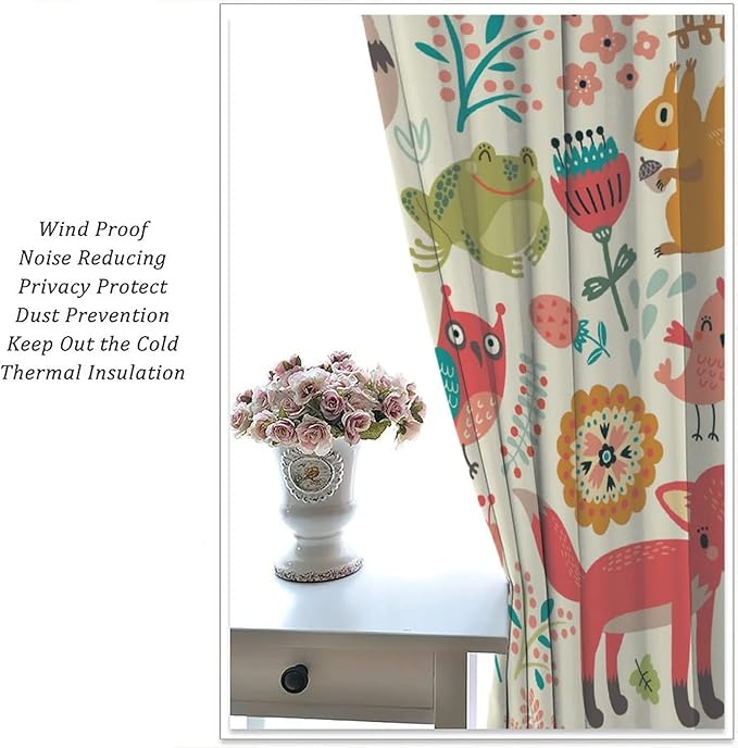 Kids Baby Woodland Blackout Curtains,Forest Animals Plants Cartoon Funny Colorful Deer Fox Owl Pattern Thermal Insulation Window Drapes for Boys Girls Children's Bedroom 55x63in