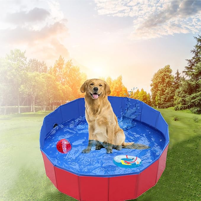 Foldable Pet Dog Kids Swimming Pool(32'' x 8''),Plastic Anti-Slip PVC Bathing Tub Swimming Pool Durable Fiberboard Kiddie Pool Red