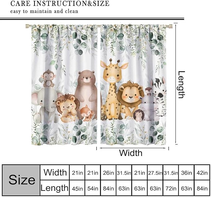 Kids Safari Animal Curtains Woodland Wildlife Jungle Animals Window Treatments for Boys Girls Bedroom Cute Cartoon Lion Nursery Children Drapes for Living Room W42xL63(Decor)