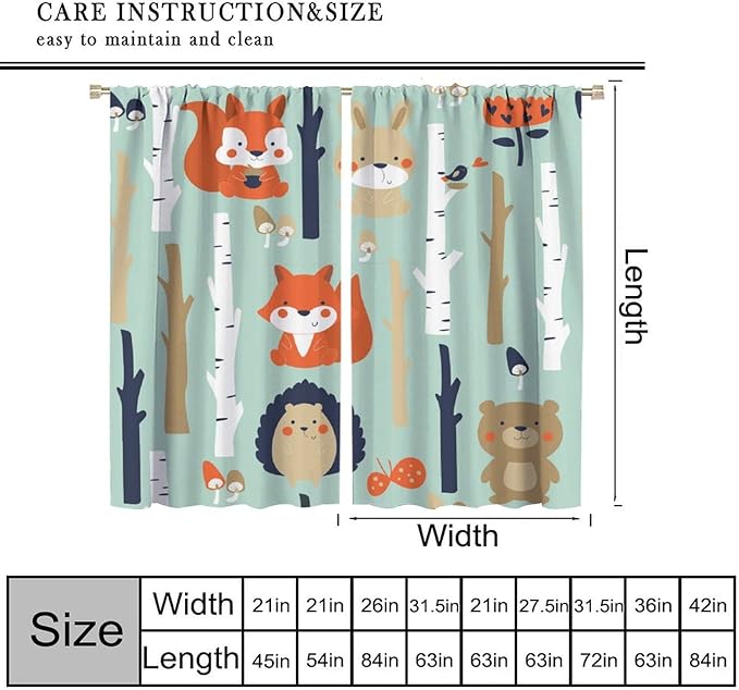 Cute Animals Curtains, Cartoon Fox Hedgehog Hare Forest Trees Blackout Window Treatments, Rod Pocket Thermal Insulated Drapes 2 Panel Sets for Kids Bedroom Nursery Classroom, 84" W X 84" L