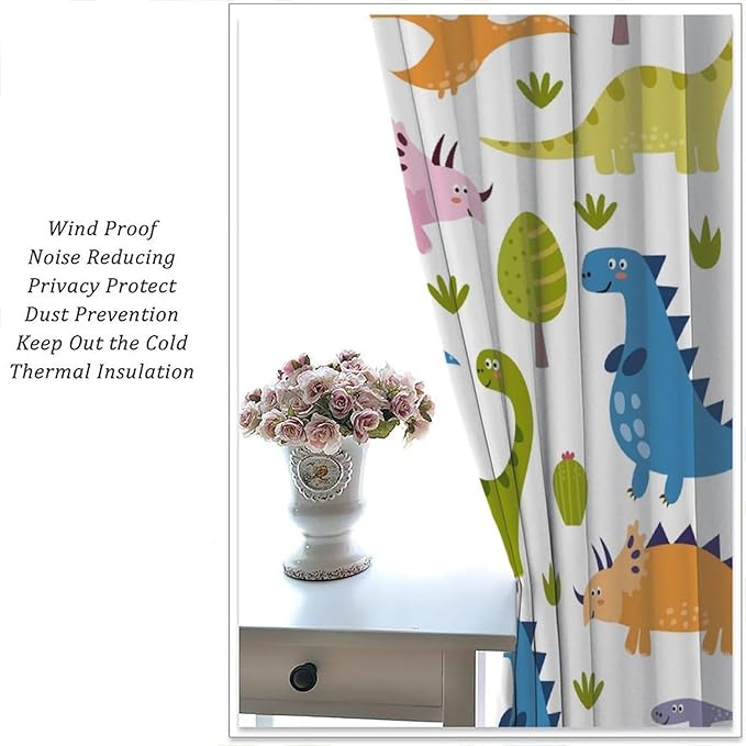 Dino Curtains, Cartoon Style Colorful Dinosaurs Pattern Blackout Window Treatments, Rod Pocket Thermal Insulated Drapes 2 Panel Sets for Kids Bedroom Nursery Classroom, 63" W X 63" L