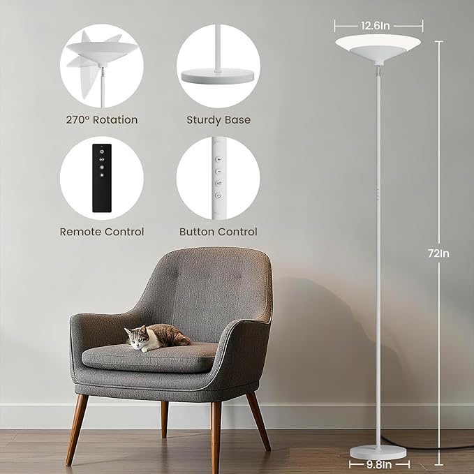 White Torchiere Floor Lamp - 30W Dimmable LED Standing Lamp