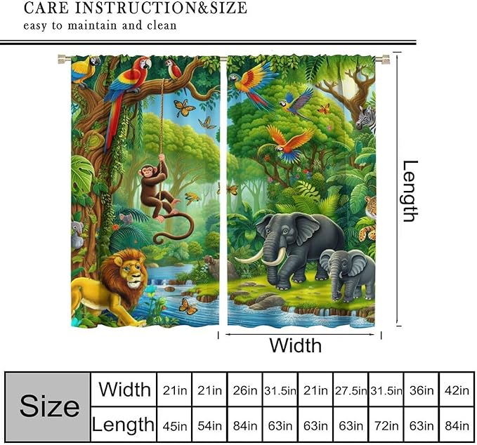 Animals Window Curtain Cartoon Jungle Forest Elephant Lion Print Curtains for Kids Boys Girls Nursery Baby Bedroom Playroom Home Decor Window Drapes 72" W X 63" L