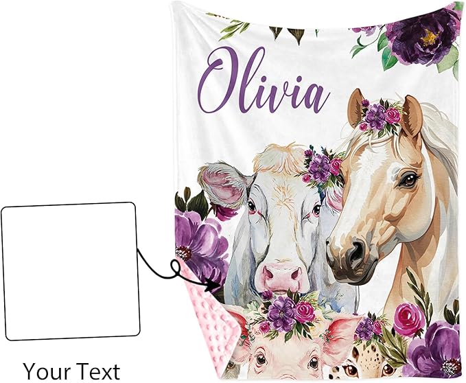 Custom Baby Blanket with Name, Horse and Animals Design, Soft Flannel with Double Layer Dotted Backing, Receiving Swaddle Blanket Suitable for Infants and Toddler