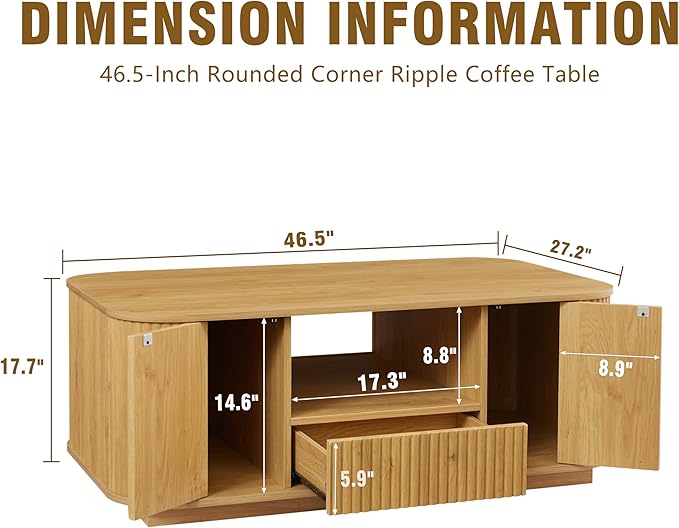 46.5" Oval Coffee Table with Drawers and Storage Mid Century Modern Fluted Solid Wood Side Coffee Tables, Luxury Tea Table Center Table for Living Rooms Offices Apartmen, Natural
