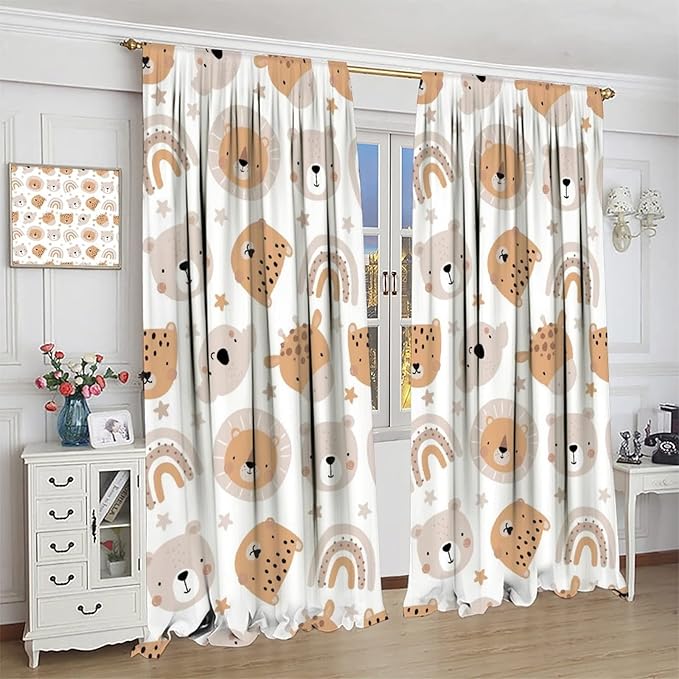 Cartoon Boho Animal Curtains,Funny Forest Safari Print,Cute African Wildlife Koala Giraffe Lion Leopard Bear Rainbow Blackout Window Drapes for Boys Girls Kids Baby Child Bedroom 52x84in