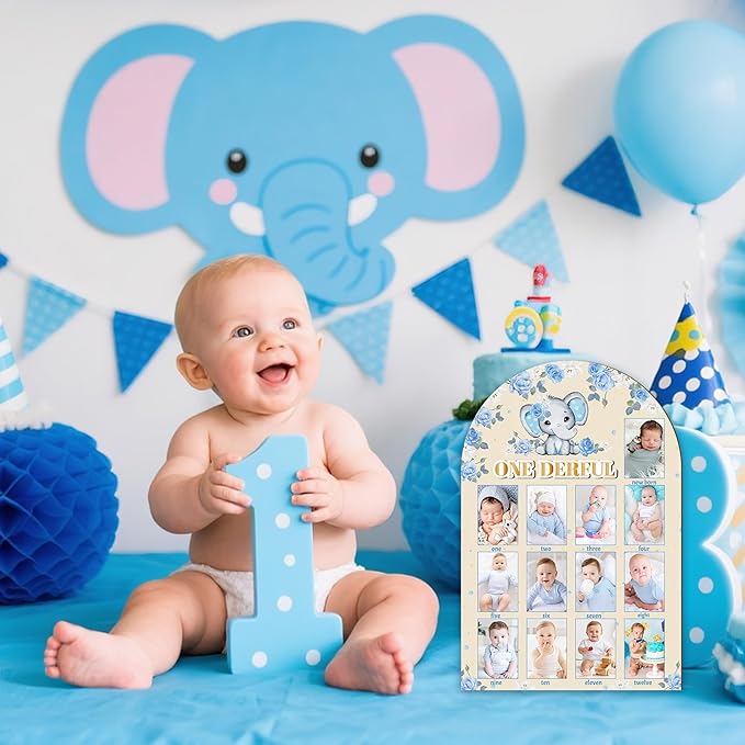 R HORSE My First Year Photo Display Wood Board - 3D Blue Elephant Baby's First Year Picture Frame, 12 Months Milestone Board Neutral Baby Keepsake Gift 1st Birthday Nursery Decor for Boy Girl
