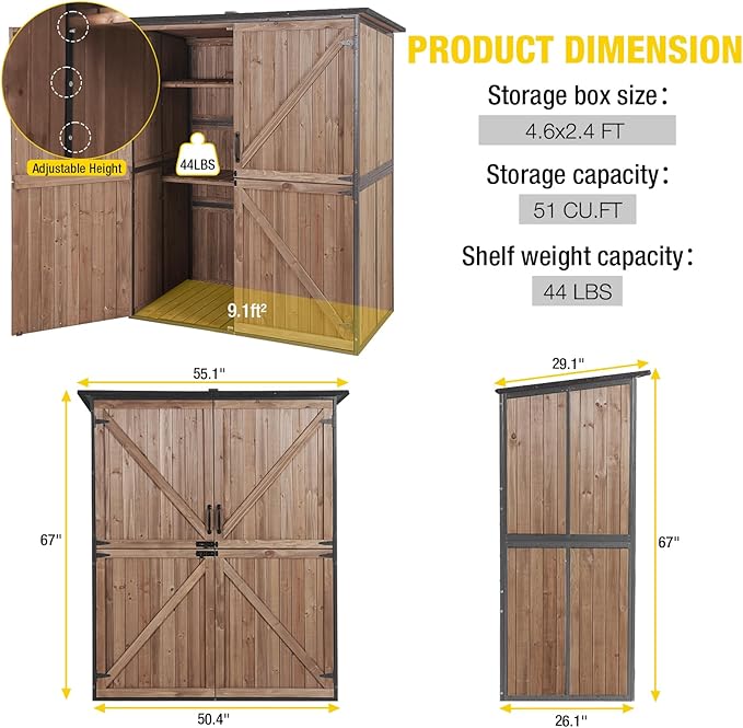 Aivituvin Storage Shed Outdoor Storage Cabinet Upgraded with All Arounded Metal Frame, Wooden Floor and Adjustable Shevels 55" L x 29" W x 67" H, Dark Brown