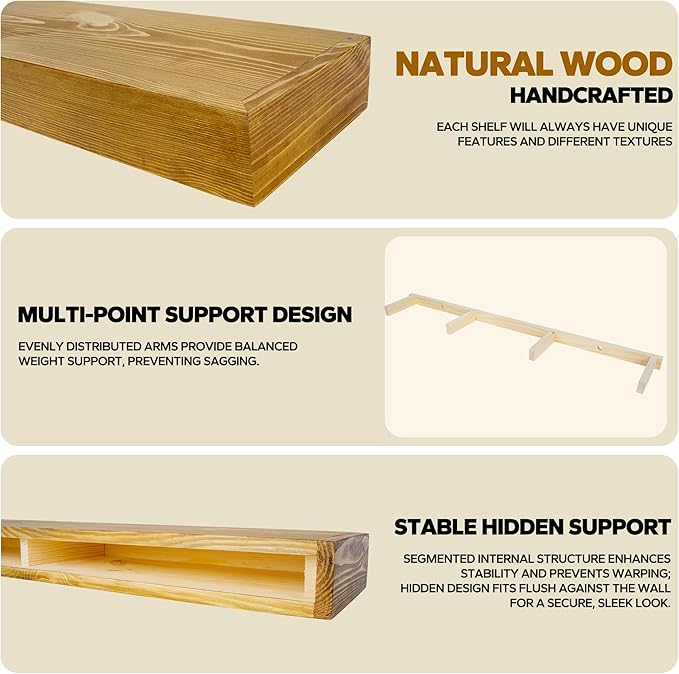 Floating Shelves 3 inch Thick for Wall Set of 2,Solid Pine Wood Wall Mount Shelf for Kitchen Living Room Bedroom Bathroom,8" D x 48" L x 3" H-Gold Oak