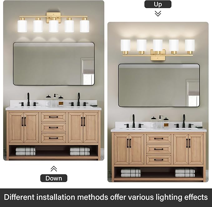 Gold Bathroom Light Fixtures, 5-Light Modern Vanity Light Over Mirror, Wall
