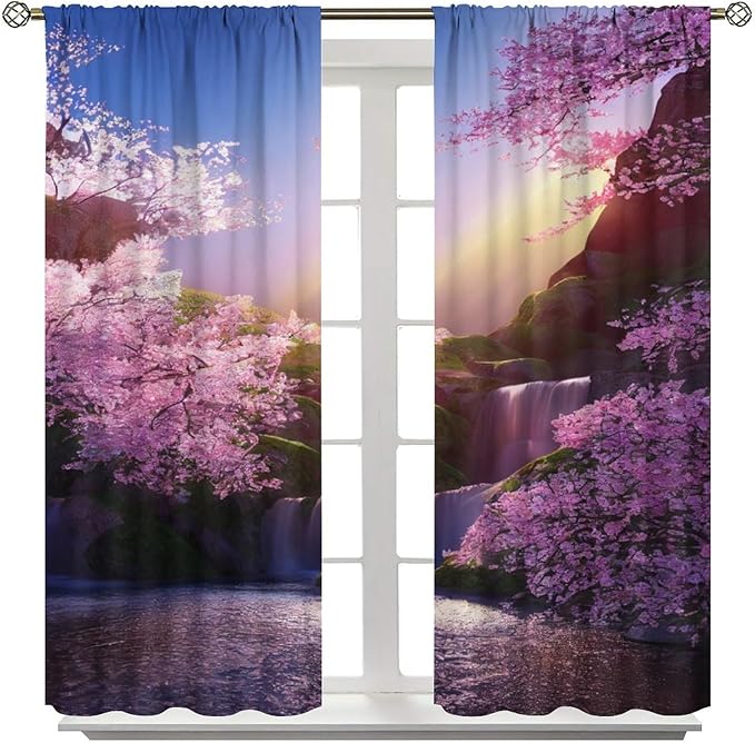 Landscape Waterfall Blackout Curtains, Watercolor Blossom Cherry Flower Forest Pattern Rod Pocket Window Drapes, for Bedroom Living Room 52" W X 84" L