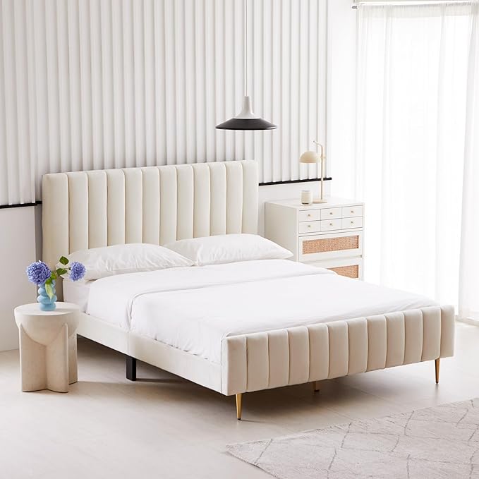 Livinia Queen Size Elton Velvet Platform Bed, Upholstered Bed Frame with Vertical Channel Tufted Headboard Footboard, Strong Wood Slats, No Box Spring Needed, Ivory (Queen)