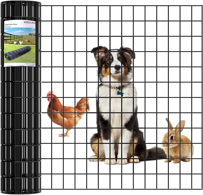 Black Metal Fence，Pet Fence Netting，Black PVC Coated Welded Wire (2×3 Inch Mesh, 48"×50' 16Gauge) - Weatherproof Garden Fence & Animal Enclosure Solution