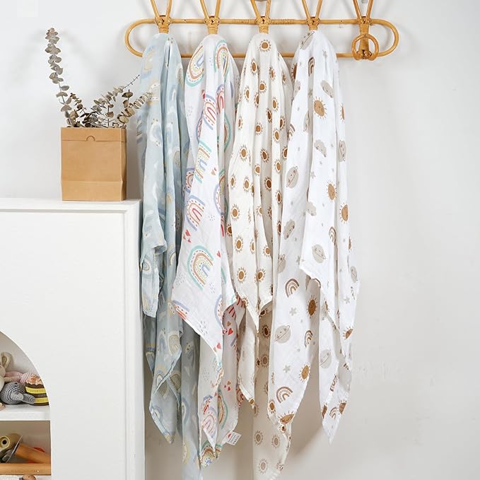 4 Set Muslin Swaddle Blankets for Newborn Baby Boys, Girls,Receiving Blankets-Cute Soft Print Baby Towel Wrap 120x110cm Baby(Rainbow)