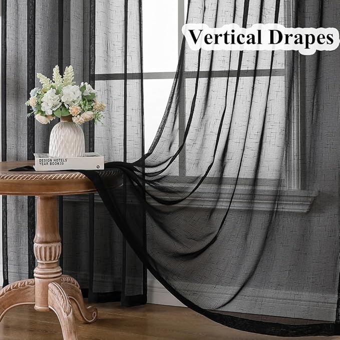 Black Linen Look Sheer Curtains 102 Inches Long 2 Panels, Rustic Textured Light Filtering Drapes, Dark Moody Window Decor, Floor to Ceiling Pinch Pleat Curtain with Hooks