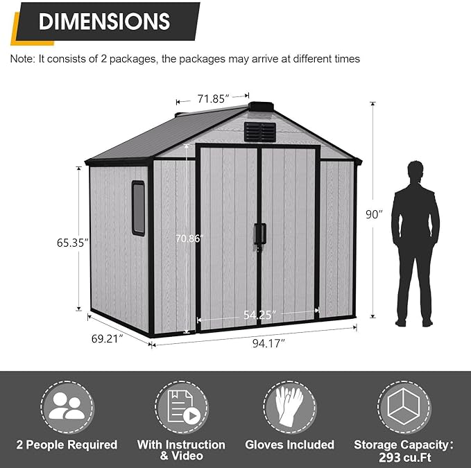 8 x 6 FT Resin Outdoor Storage Shed, All-Weather Plastic Garden Shed with Floor, Lockable Doors & Windows, Plastic Tool Shed for Poolside, Backyard, Patio