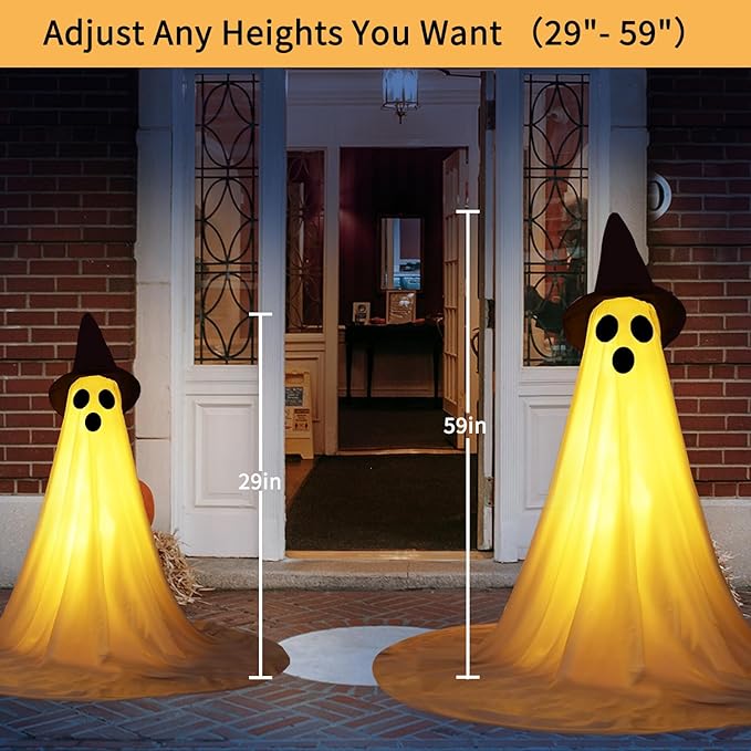 2 Packs Halloween Ghost Outdoor Decorations, 59” Light Up Ghost Decor with Remote Control, Adjustable Height Standing Halloween Lighted Ghost Kit with Witch Hat Ideal for Porch, Garden, Yard