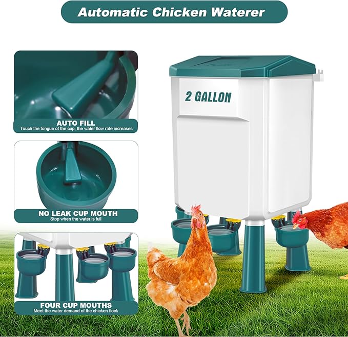 Chicken Feeder and Waterer Set with 2 Gallon/17.6 Pounds, Automatic Chick Feeder and Waterer Set No Waste， Poultry Feeder Large for Hens/Ducks/Poultry