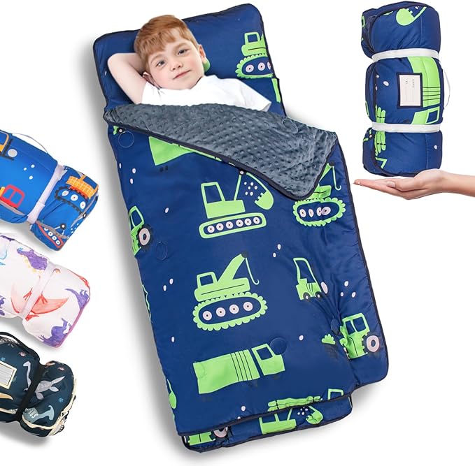 Primlect Thickened Toddler Nap Mat with Removable Pillow and Minky Blanket, Extra Large 55''x35'' Sleeping Bag, Washable, Roll up, Perfect for Daycare, Preschool, Kindergarten, Boys (Excavator)